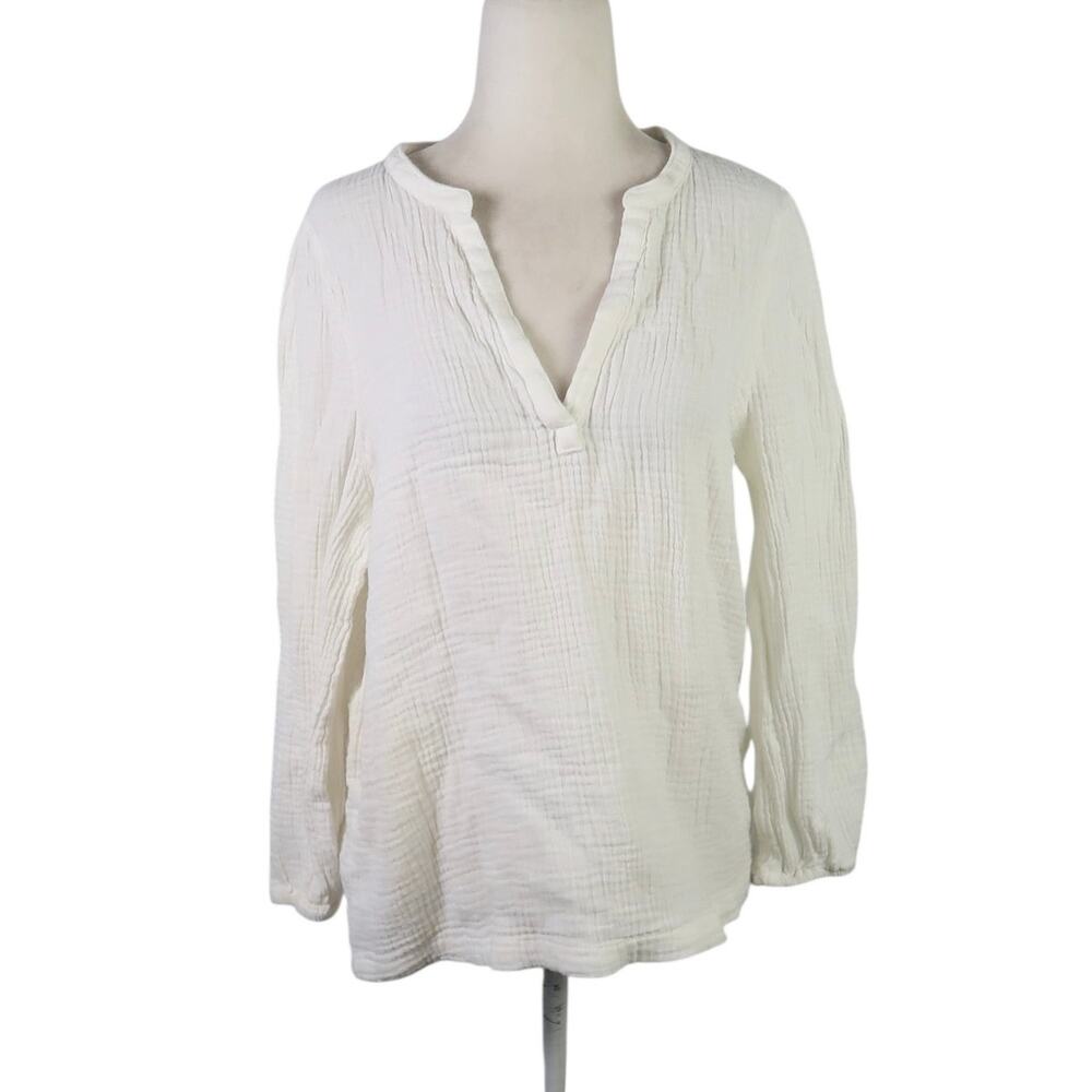 Marine Layer White Notch Neck Long Sleeve Cotton T-Shirt M